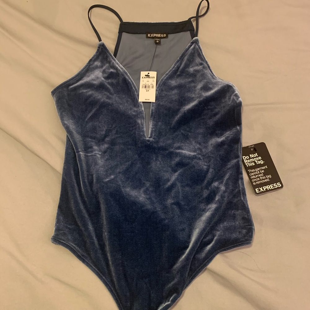 NWT Express blue velvet v-neck bodysuit